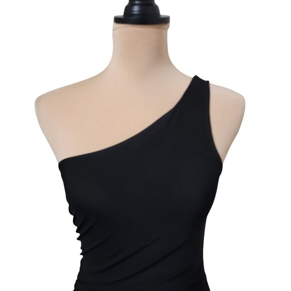 SHEIN Size S (4) Black Asymmetrical Hem Ruched Bodycon Rosette Embellished Dress - Picture 3 of 15